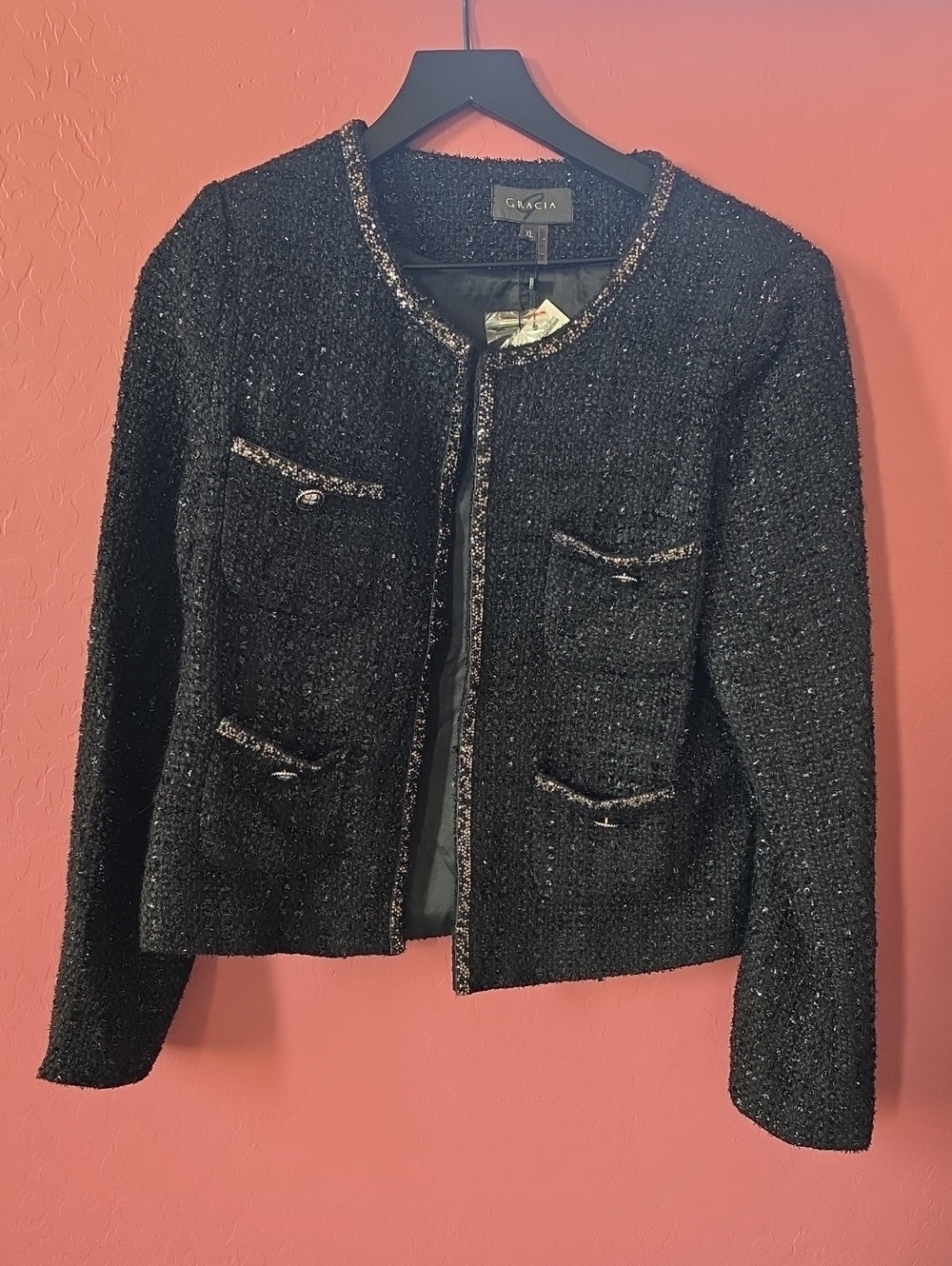 Gracia Black Tweed Pocket Blazer with Metallic Trim